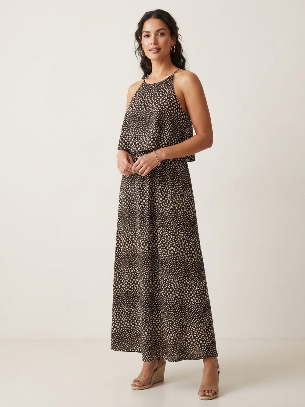 NWT Lilac Clothing Expected Nursing Halter Maxi Dress Olive/ivory dot size Large